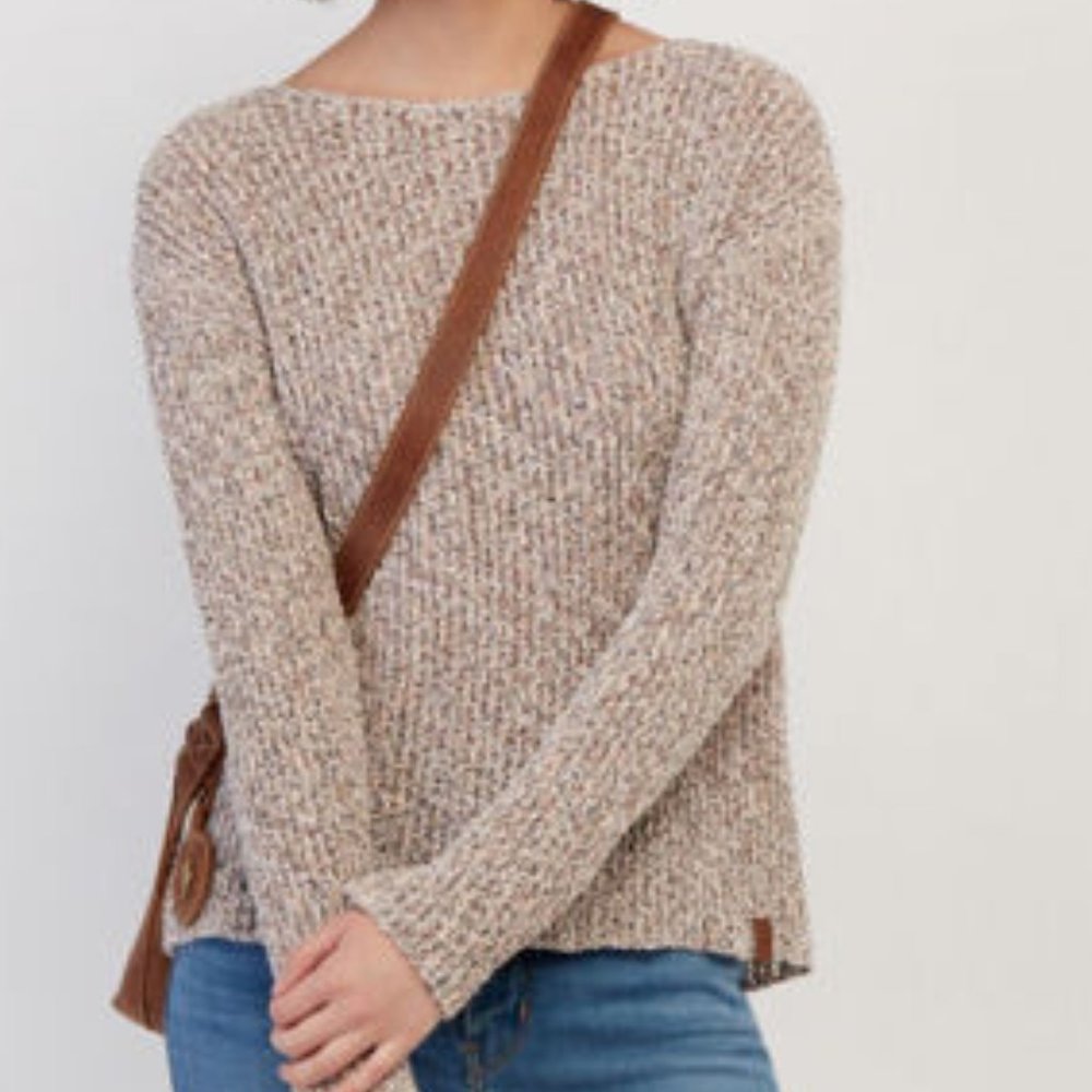 ROOTS Women's Crew Neck Sweater Soft Ribbed Knit Heathered Blush Pink & Gray